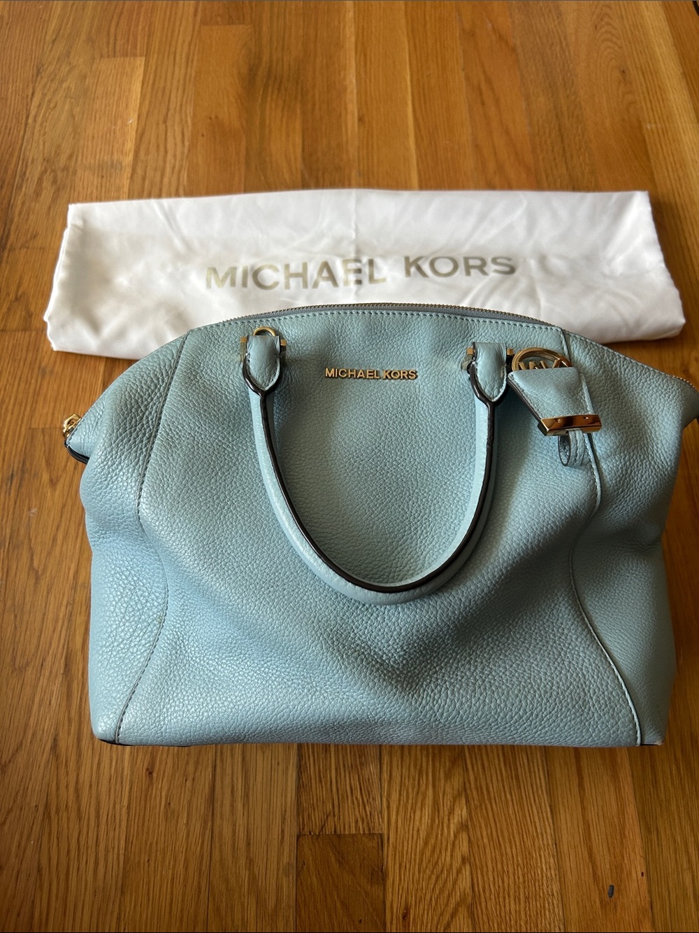 Michael Kors Pale Blue Pebbled Leather Satchel with Gold Hardware